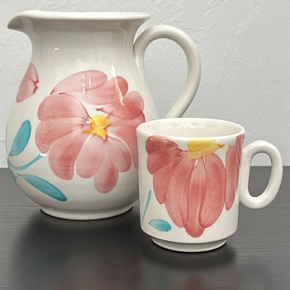 Pier 1 Hand Painted Pitcher & Cup Set Italy